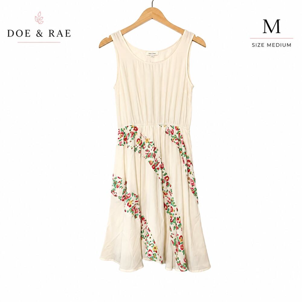 Doe & Rae Dress Medium Ivory Floral Ribbon Trim Sleeveless A-Line Dress